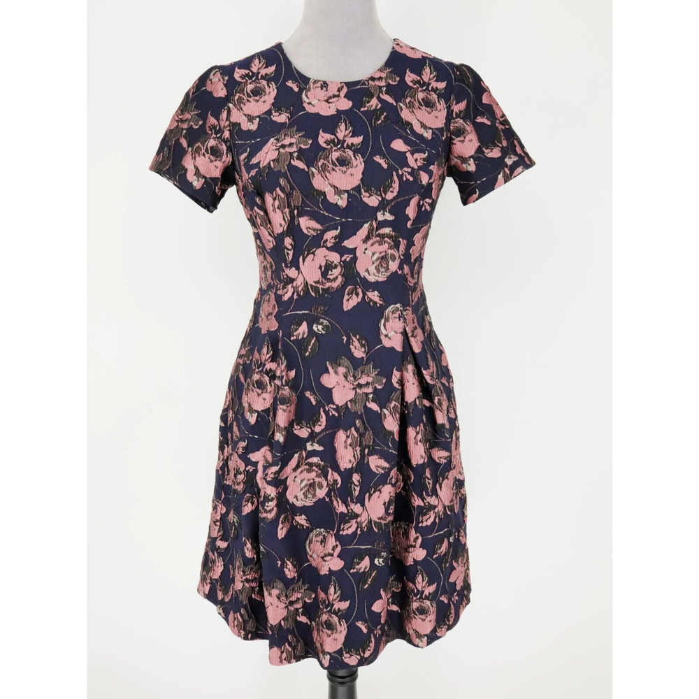 Vince Camuto Dress Womens 6 Navy Blue Pink Floral Brocade Pleated Lined Pockets - Picture 16 of 16